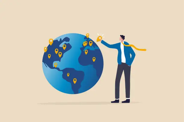 Vector illustration of Global business expansion, open company branches, franchise in new location to cover all continent, growing business worldwide concept, businessman CEO put new branch pin on world map across globe.