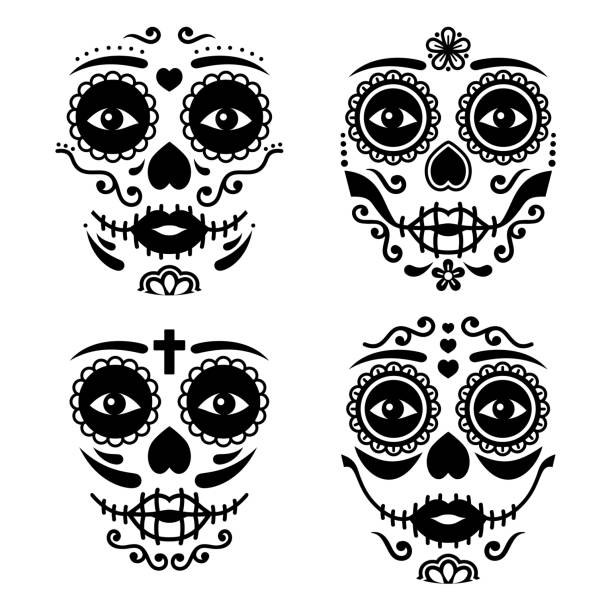メキシコのラ・カトリーナはベクトルデザイン、ディア・デ・ロス・ムエルトスまたは死者の日の女性の頭蓋骨を黒と白で直面 - catrina点のイラスト素材／クリップアート素材／マンガ素材／アイコン素材