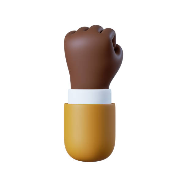 3dイラスト。アフリカ系アメリカ人の漫画のキャラクターの手拳のジェスチャー。強度アイコン。白い背景に隔離されたクリップアートと戦うか抗議する - palm people white brown ストックフォトと画像