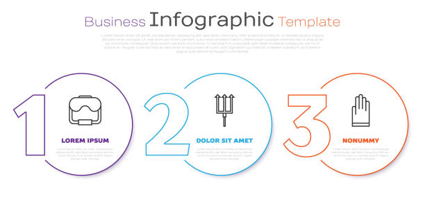 ilustrações, clipart, desenhos animados e ícones de definir máscara de mergulho, netuno trident e luvas. modelo infográfico de negócios. vetor - trident neptune devil weapon