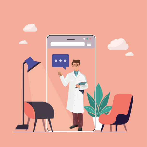 Online medical support. Online vector of adult male doctor on phone. Online psychological help and support service - psychologist and his office, the psychologist provides online counseling using the application of modern technology. Doctor vector with both office and phone images. Doctor looking at camera and standing with one hand in the air, holding a notebook, wearing glasses and a white coat. The doctor's uniform has a stethoscope. There are speech bubbles flying in the air. The doctor, both on the phone and in the office, is consulting online. The background vector has an office concept flower pot and a floor lamp and two armchairs, an image with a pink background. Counseling therapy, depression and stress management concept. cartoon of medical records stock illustrations