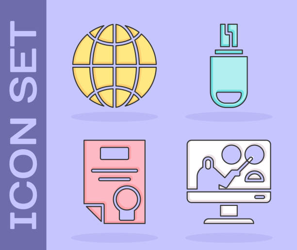 ilustrações de stock, clip art, desenhos animados e ícones de set online education, social network, certificate template and usb flash drive icon. vector - driving school flash