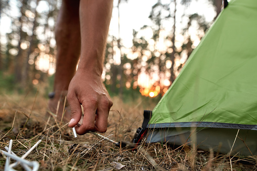 Close up shot of male hand setting up camping tent in forest at sunset. Outdoor adventure, camping trip concept