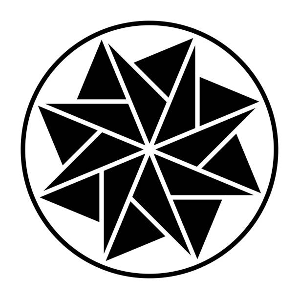 Eight-pointed star made of triangles, within a circle frame Eight-pointed star made of triangles, within a circle frame. Pattern, formed by symmetric arranged triangles. Mandala and symbol, modeled on a crop circle, found 2021 in England. Illustration. Vector. crop circle stock illustrations