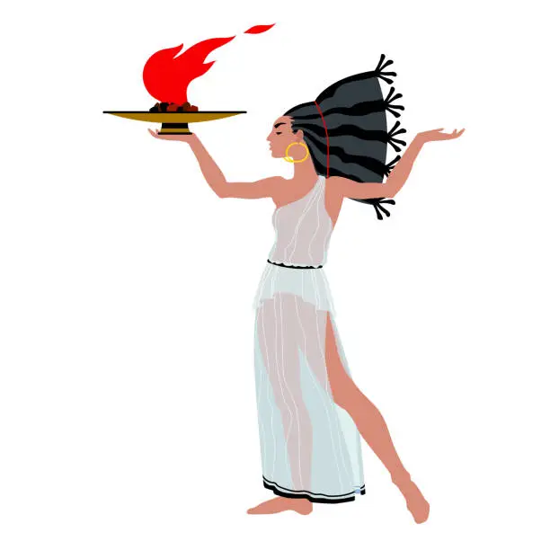 Vector illustration of A beautiful woman in an ancient Greek tunic carries a burning bronze lamp. A dancing priestess with torch.