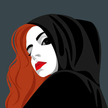 Mysterious young redhead woman with full red lips wearing black cowl looking back over her shoulder against dark background, vector illustration