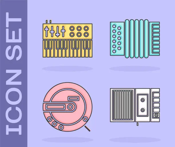 Vector illustration of Set Music tape player, Music synthesizer, Music CD player and Musical instrument accordion icon. Vector