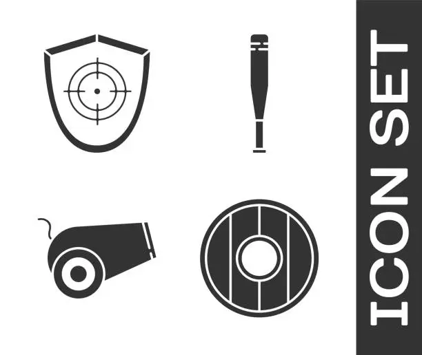 Vector illustration of Set Round wooden shield, Target sport, Cannon and Baseball bat icon. Vector