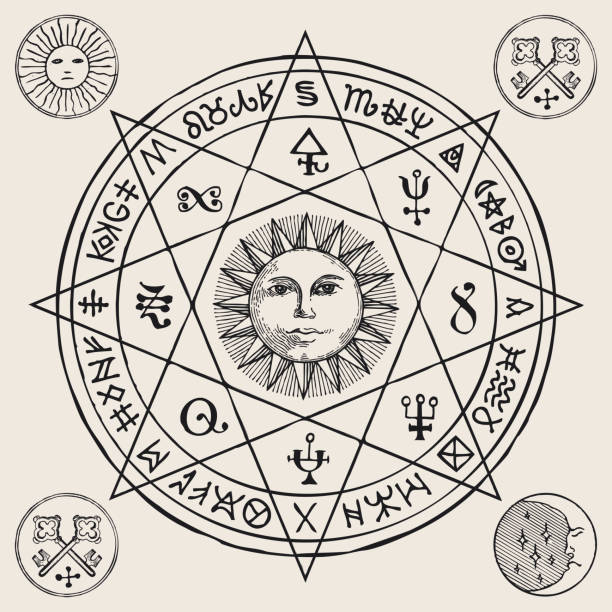 banner with hand drawn sun and esoteric symbols Hand-drawn illustration with the Sun inside an octagonal star and esoteric symbols on an old paper background. Vector banner or amulet in retro style in the form of a circle with magic runes and signs alchemy stock illustrations