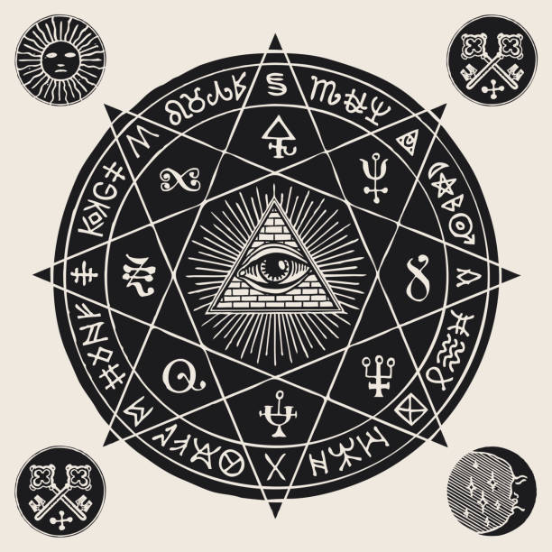 banner with an all-seeing and esoteric symbols vector art illustration