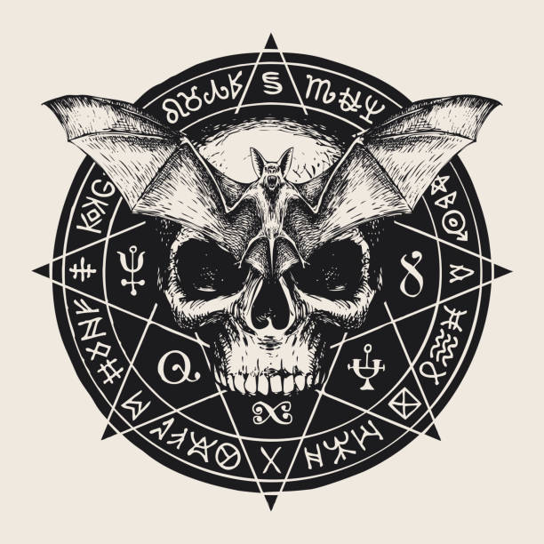 occult hand-drawn banner with bat and human skull vector art illustration