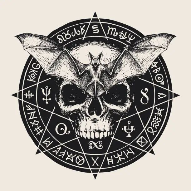 Vector illustration of occult hand-drawn banner with bat and human skull