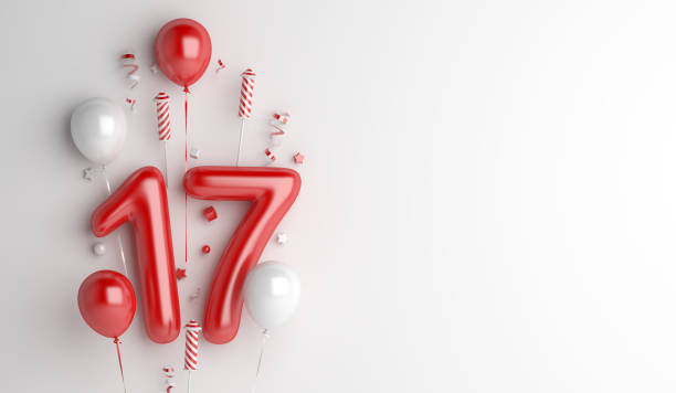 istock Indonesia independence day decoration background with 17 balloon number, firework rocket, confetti, copy space text, 3D rendering illustration 1325230090