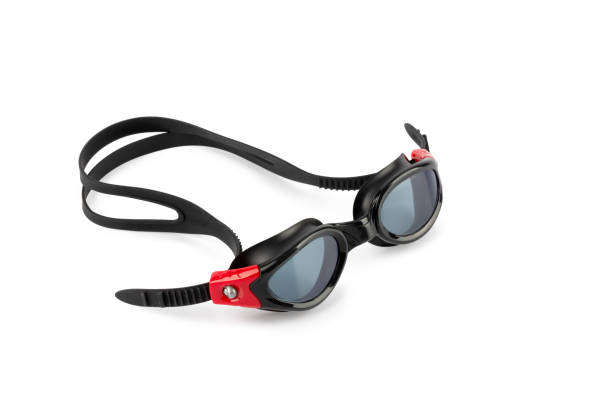 운동 선수를위한 수영 마스크 안경, 빨간색으로 검은 색, 흰색 배경에 격리 - 물안경 뉴스 사진 이미지