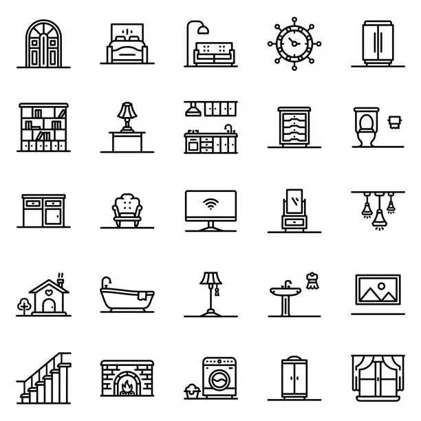 Vector illustration of Sweet Home icon set - vector illustration . home, house, furniture, interior, exterior, bedroom, sofa, thin line icons .