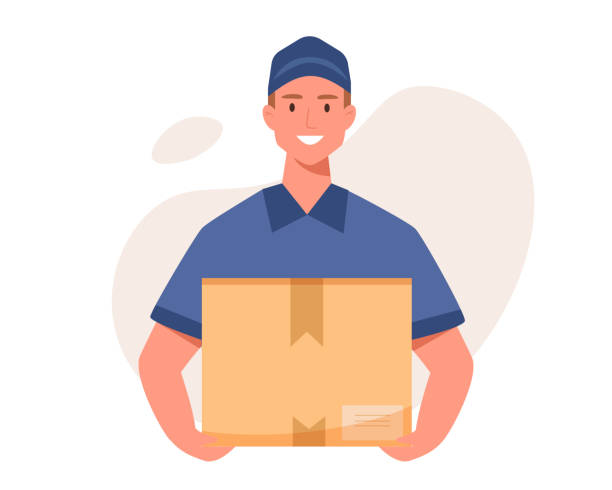 Young delivery man with box. Courier with a box in his hands.Vector flat cartoon illustration. Young delivery man with box. Courier with a box in his hands.Vector flat cartoon illustration. delivery person stock illustrations