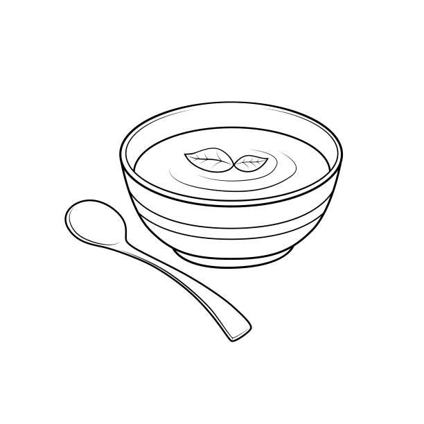 Black and white soup pictures for coloring cartoons for children. This is a vector illustration for preschool and home training for parents and teachers. Black and white soup pictures for coloring cartoons for children. This is a vector illustration for preschool and home training for parents and teachers. bowl of soup stock illustrations
