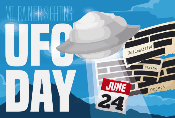 Daylight Sky, Documents, UFOs and Reminder for MT. Rainier Sightings Flying spaceships with glowing light beam, censored files and calendar to commemorate Mount Rainier sightings during UFO Day. mt rainier stock illustrations