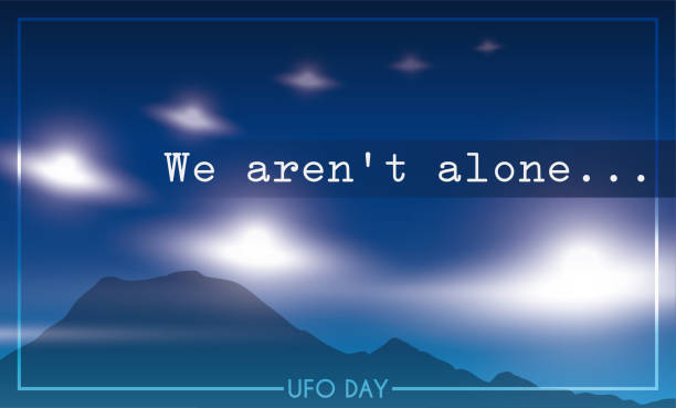 Glowing and Blurred Spaceships to Celebrate UFO Day Frame with glowing and blurred spaceships flying around a mountain, for UFO Day reminding at you the claim: 'we aren't alone...' mt rainier stock illustrations