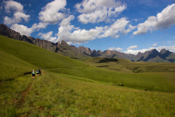 An Afroalpine grassland, surrounded by the high cliffs and peaks of the Drakensberg Mountains An Afroalpine grassland, surrounded by the high basalt cliffs and peaks of the Drakensberg Mountains of South Africa, on a clear summer"u2019s day. These iconic peaks and sheer cliffs formed during the Jurassic period as a large flood basalt due to the break-up of the Gondwana Supercontinent and the latter uplift of the African continent. drakensberg mountain range stock pictures, royalty-free photos & images