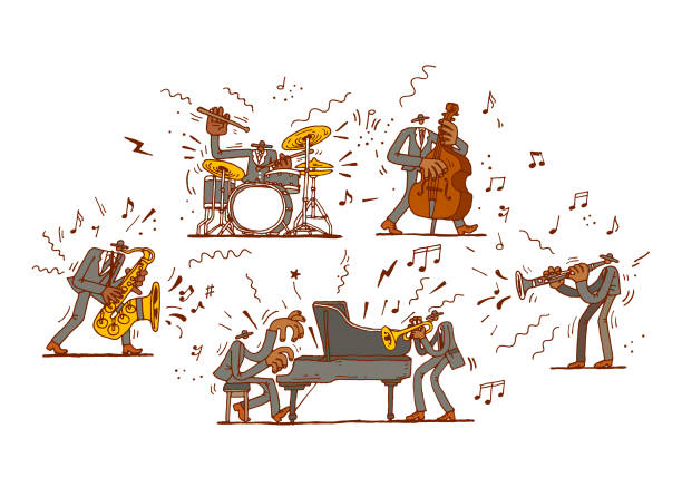 ilustrações, clipart, desenhos animados e ícones de banda de jazz - trumpet jazz musician men