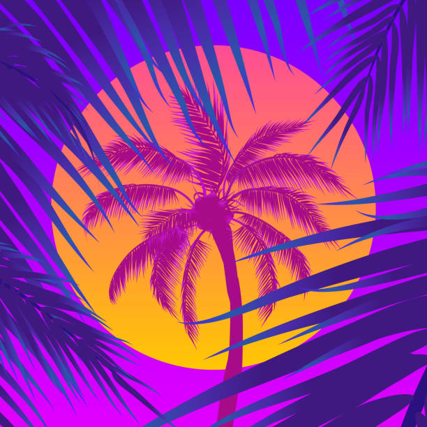 Sunset with Palm Trees, Sun and Palm Leaf Sunset with palm trees, sun and palm leaf background. Vector illustration. Blue Pink background. sunset beach hawaii stock illustrations