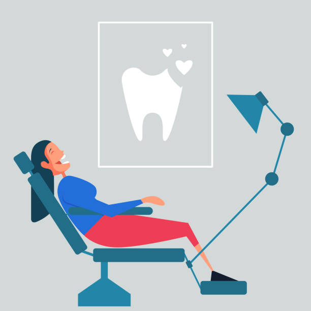 ilustrações de stock, clip art, desenhos animados e ícones de woman sitting in the dental chair - dentist dentist office dentists chair cartoon