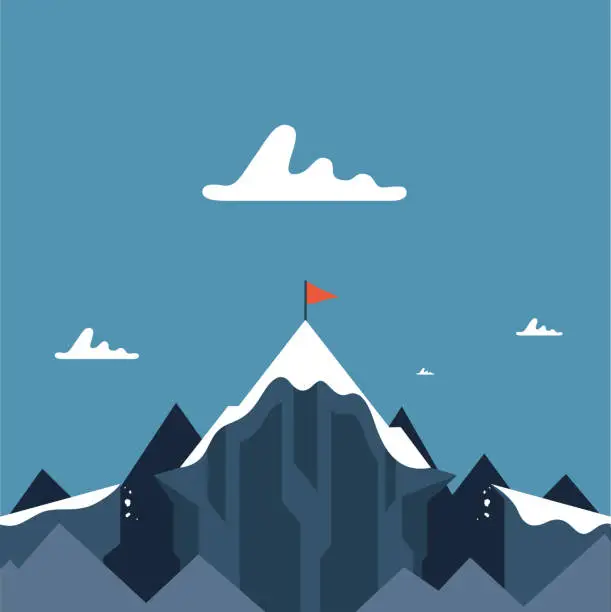 Vector illustration of Flag on mountain top.