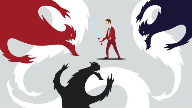 Vector illustration of Armed businessman defending monsters