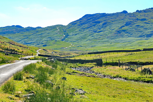 Amazing green landscape over Hardknott Pass in England