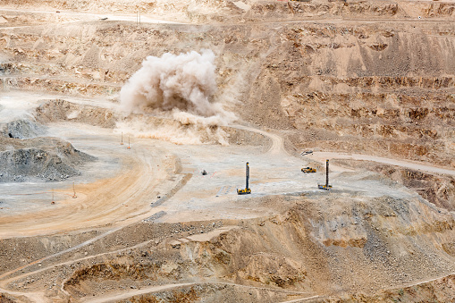 Mining blast at an open pit copper mine in Chile
