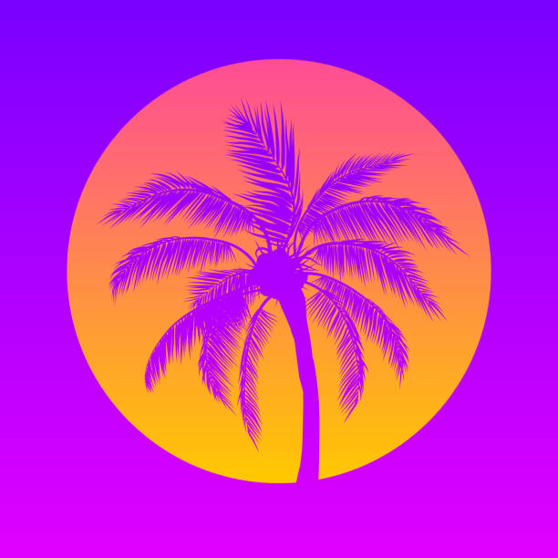 Orange Sun with Palm Tree, Purple Sky Orange Sun with palm tree, purple sky background. Vector illustration. sunset beach hawaii stock illustrations