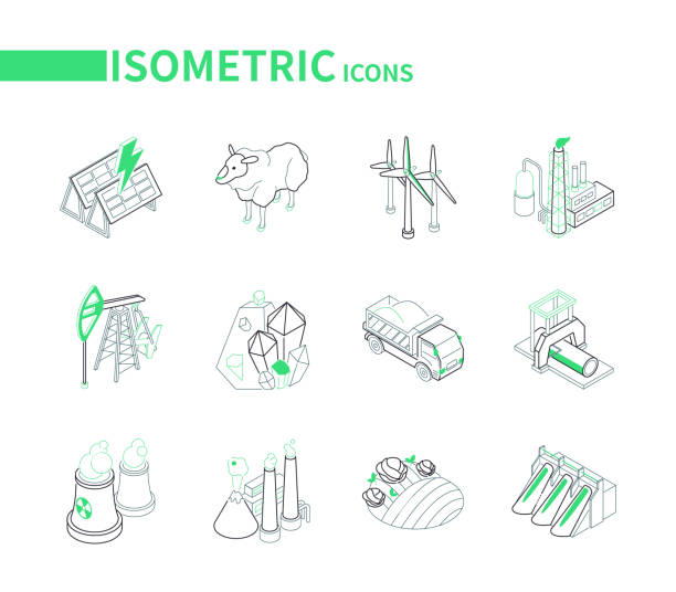 illustrations, cliparts, dessins animés et icônes de industrie et environnement - ensemble d’icônes isométriques colorées - water pumping windmill