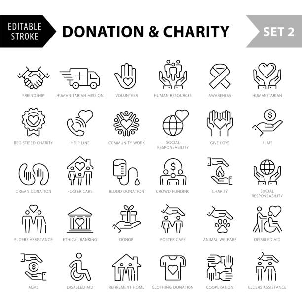 ilustraciones, imágenes clip art, dibujos animados e iconos de stock de charity icons thin line set - trazo editable - set2 - colectividad