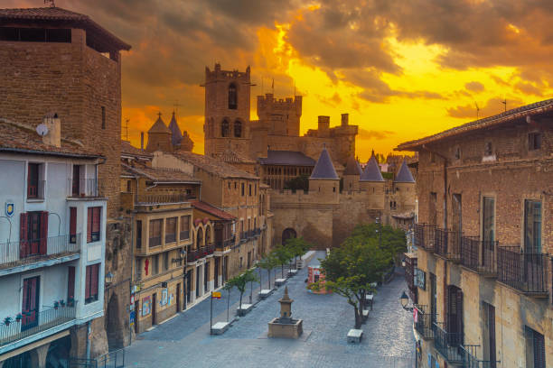 incredible sunrise of the royal palace of the medieval town of olite from above, in the south of navarra. spain - navarra imagens e fotografias de stock