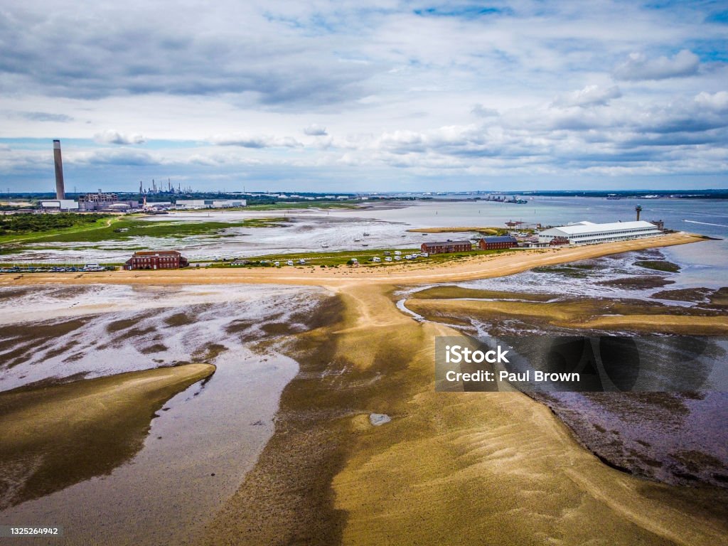 Aerial view of Calshot, Hampshire Aerial view of Calshot, Hampshire at low tide Above Stock Photo