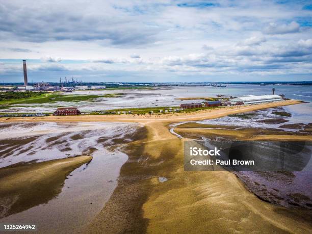 Aerial View Of Calshot Hampshire Stock Photo - Download Image Now - Above, Aerial View, Beach