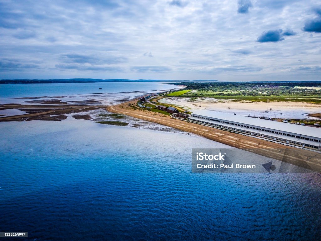 Aerial view of Calshot, Hampshire Aerial view of Calshot, Hampshire at low tide The Solent Stock Photo