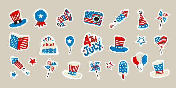 Set of stickers for USA Independence Day. Set of stickers for USA Independence Day. Symbols of the United States of America in national colors. A set of items for July 4th. Vector illustration for poster design. independence day holiday illustrations stock illustrations