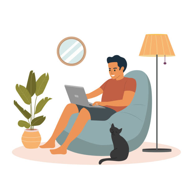 Young man is relaxing on comfortable beanbag chair and using laptop. Ð¡at is standing next to the chair. Vector flat illustration Young man is relaxing on comfortable beanbag chair and using laptop. Ð¡at is standing next to the chair. Vector flat illustration bean bag illustrations stock illustrations