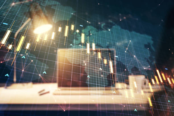 istock Double exposure of abstract creative financial diagram with world map on computer background, banking and accounting concept 1325269332