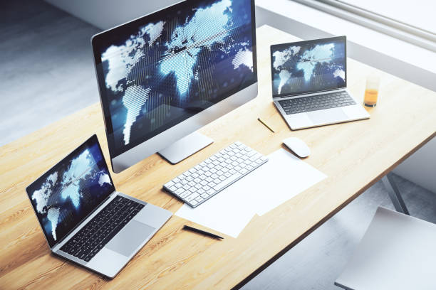 istock Abstract graphic world map on modern laptop screen, connection and communication concept. 3D Rendering 1325269341