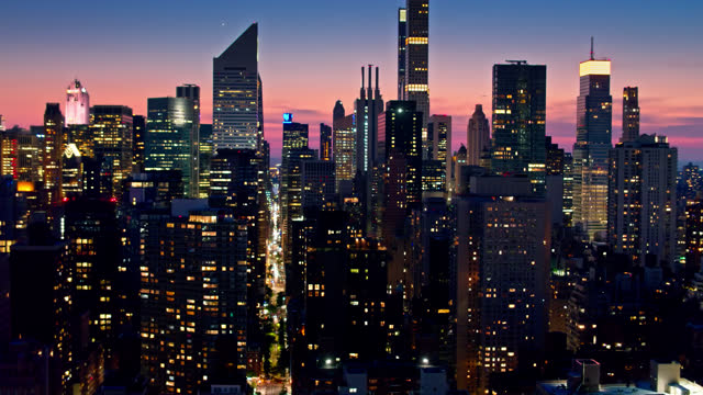 Drone Shot of Midtown Manhattan at Nightfall