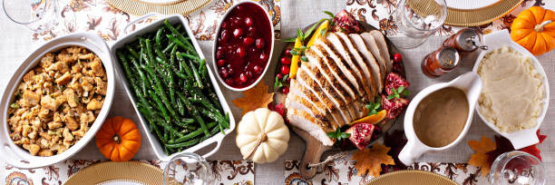 Thanksgiving dinner banner Thanksgiving dinner table, overhead shot, long banner turkey breast stock pictures, royalty-free photos & images