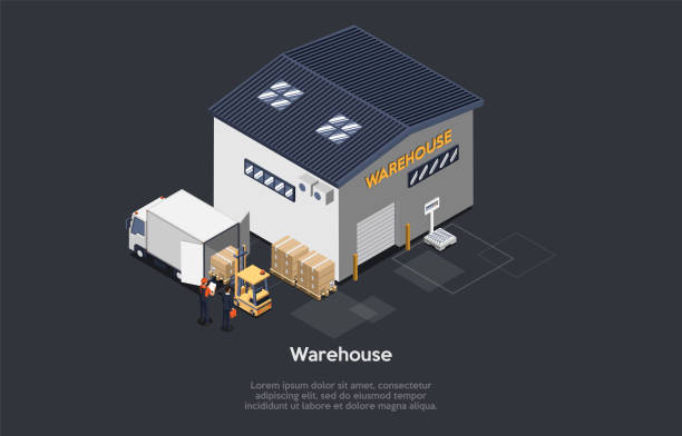 vektor-illustration. lagerwelt-marketinggebäude, lagerhaus, menschen arbeiten, lkw-beladung. produktgeschäft, erfolgreicher internationaler handel. 3d-komposition, isometry, cartoon-stil und schriften - warehouse distribution warehouse occupation truck stock-grafiken, -clipart, -cartoons und -symbole