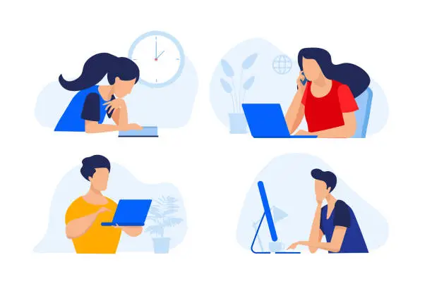 Vector illustration of People studying at home. Drawing of a person listening or working on technological tools. Students watching lecture on laptop. Vector of woman talking on the phone. Home office is working. Remote work and distance education vectors.