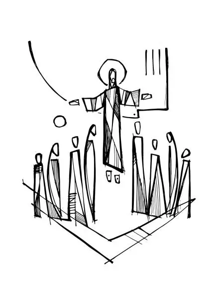 Vector illustration of Jesus Christ with Apostles at his ascension