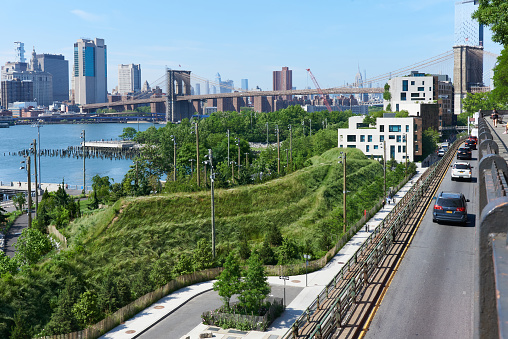 Aerial view of Brooklyn, Manhattan, and Williamsburg Bridges in New York City.