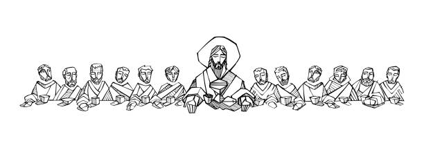 Jesus Christ and disciples at Last Supper Hand drawn illustration or drawing of Jesus Christ with disciples at Last Supper jesus christ illustrations stock illustrations