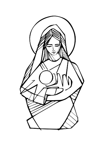 Hand drawn illustration or drawing of Virgin Mary with baby Jesus Christ